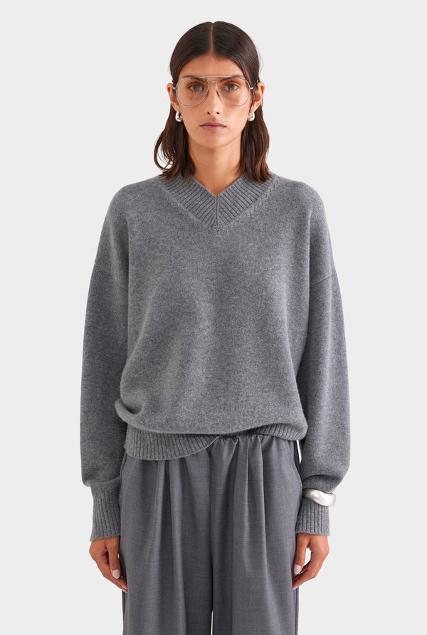 Wool Cashmere V Neck Sweater - Charcoal Marl