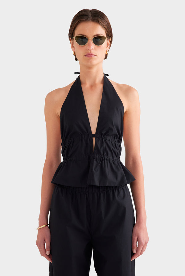 Cotton Poplin Halter Top - Black