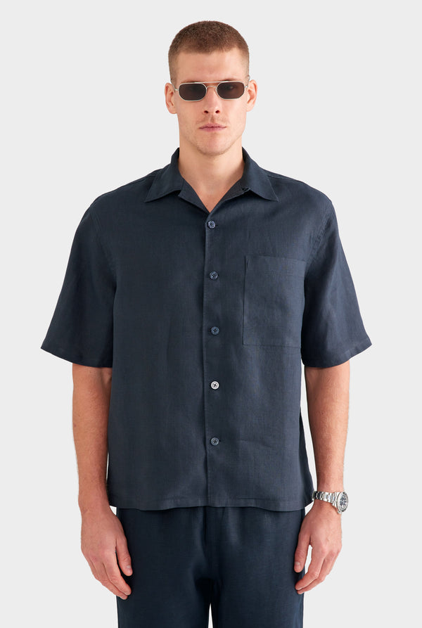 Linen Camp Collar Shirt - Navy