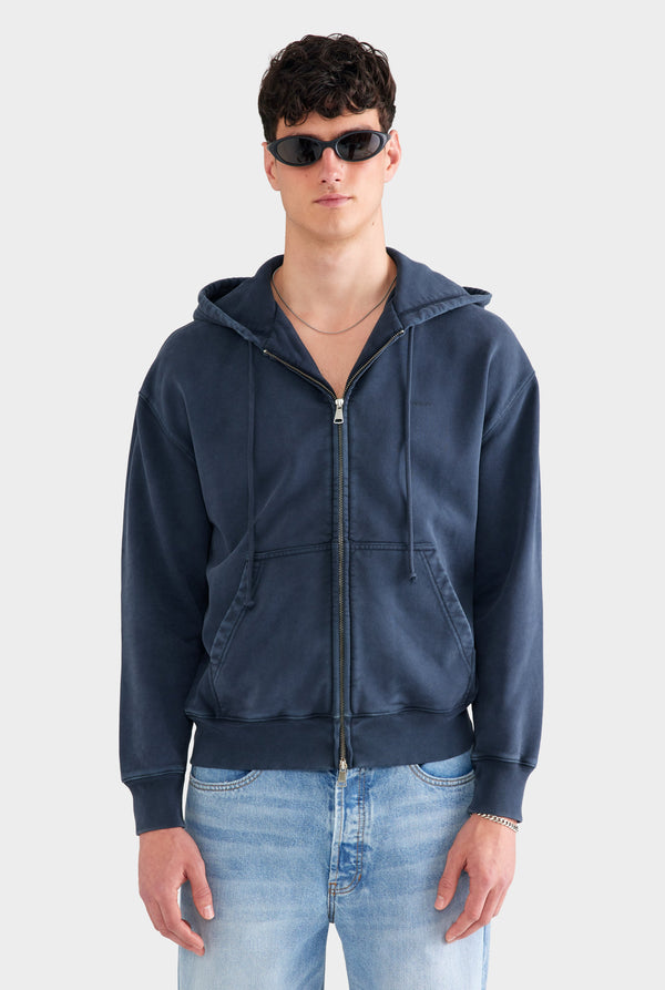 Pigment Dyed Fleece Track Zip Hoodie - Washed Navy