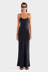 Crushed Satin Slip Dress - Black