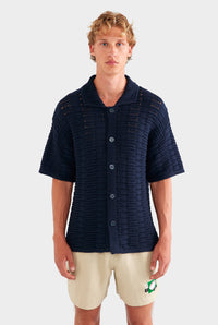 Chunky Crochet Knit Shirt - Navy
