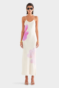 Layered Silk Slip Maxi Dress - Cream/Fuchsia Flower