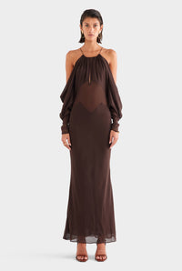 Silk Off Shoulder Column Maxi Dress - Dark Chocolate
