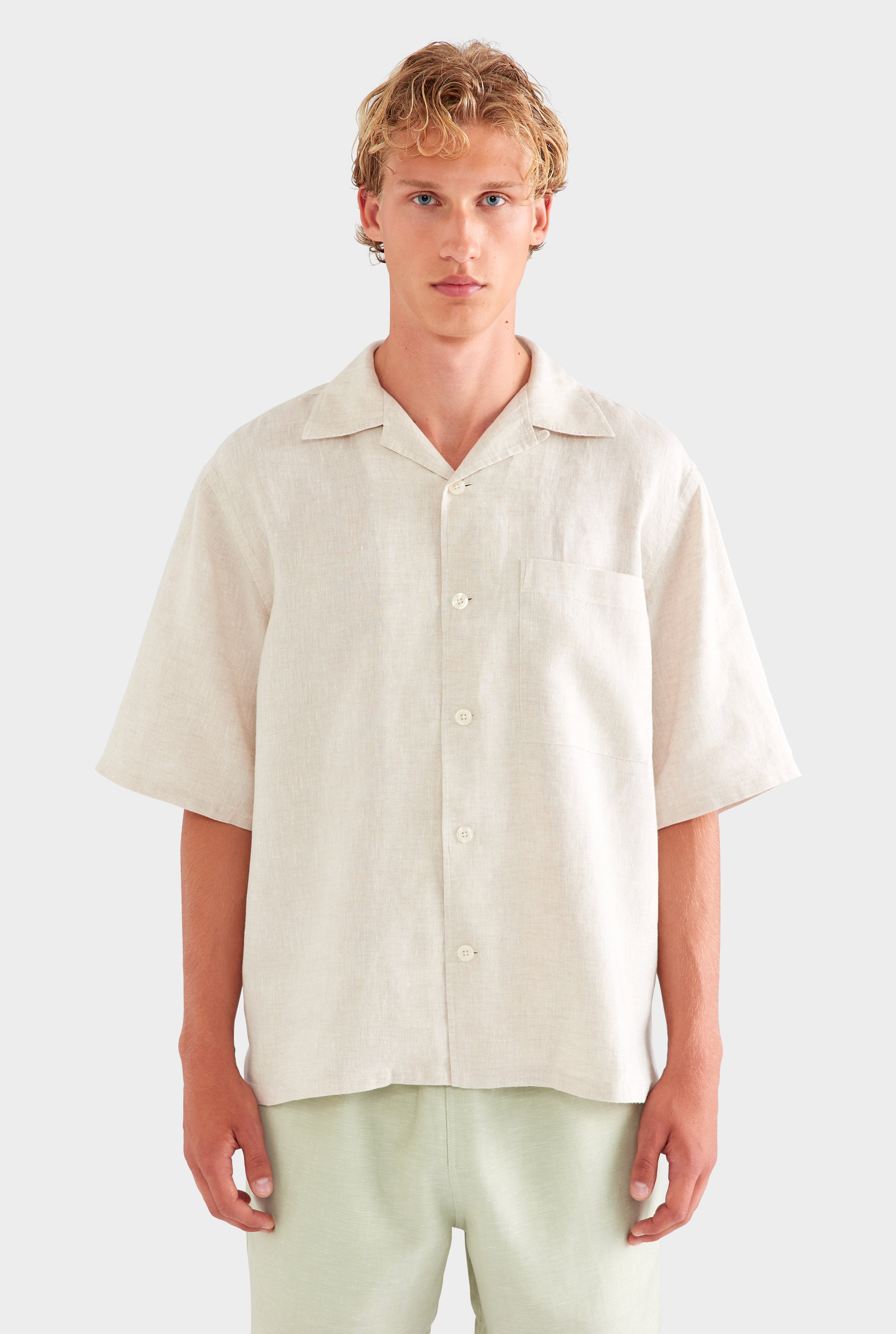 Oversized Linen Short Sleeve Shirt - Sand
