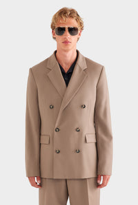 Tailored Wool Double Breasted Suit Jacket - Taupe Brown