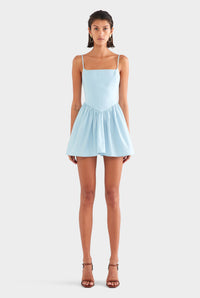 V Waist Cotton Mini Dress - Powder Blue
