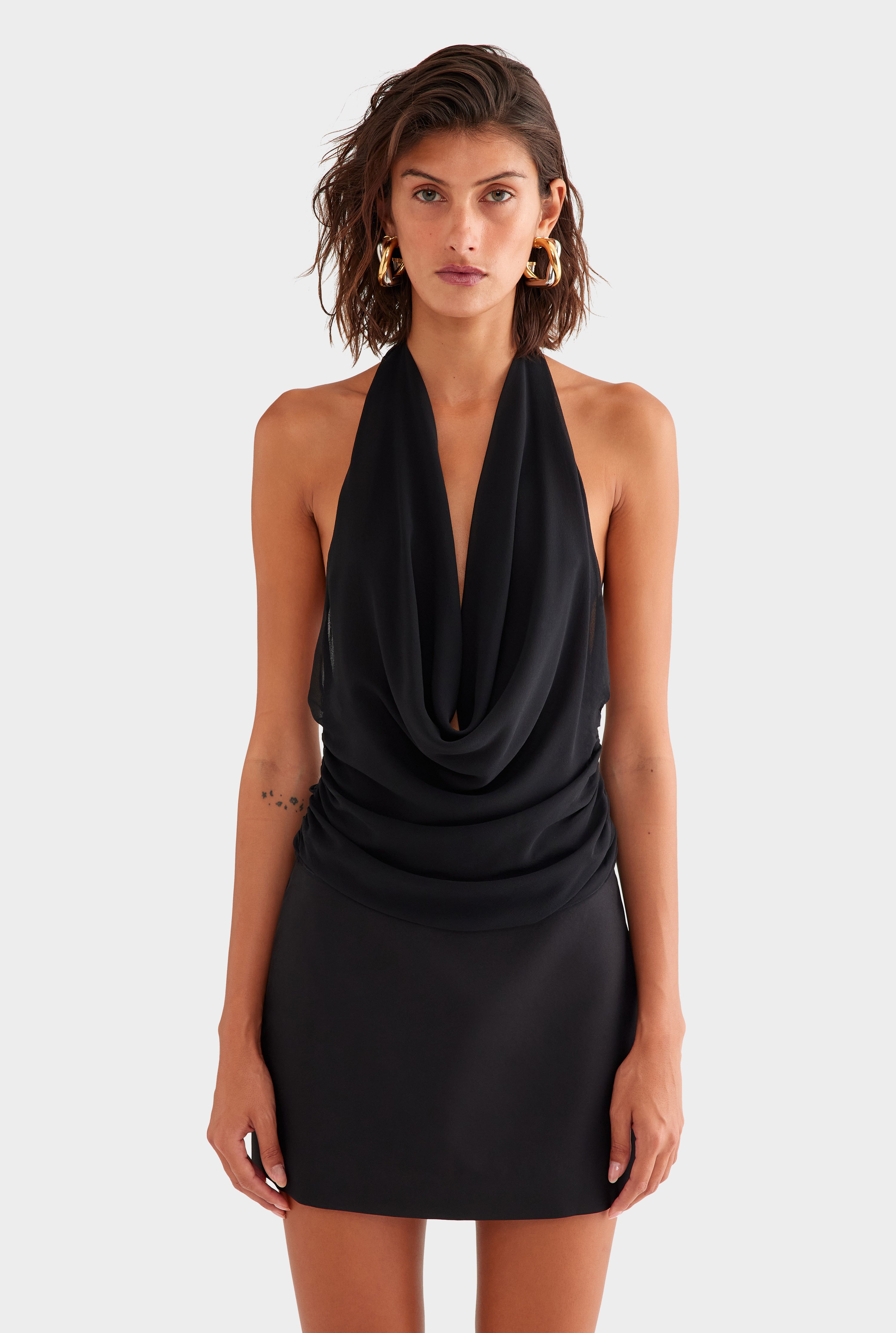 deep cowl halter dress Oceans Away Deep Cowl Mini Dress