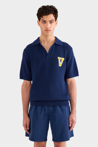 Relaxed Cotton Knit Open Neck Polo - Navy Blue