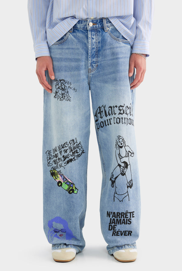 Graffiti Baggy Denim Jean - Marseille Grafitti/Light Blue