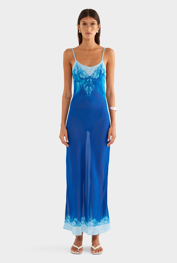 Silk Georgette Slip Dress - Indigo Cyanotype Lace
