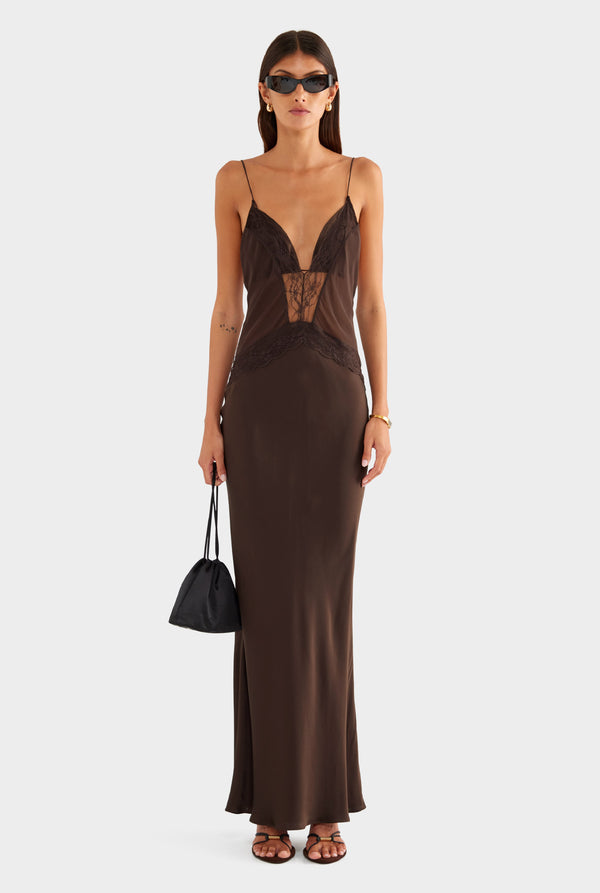 Silk Lace Panelled Slip Dress - Dark Chocolate