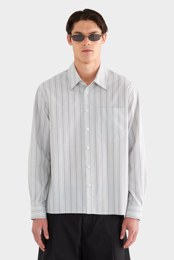 Long Sleeve Relaxed Cotton Poplin Shirt - Taupe/White/Navy Stripe