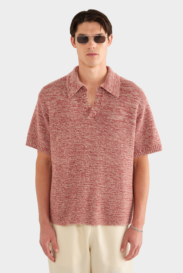 Marled Cotton Linen Polo - Burnt Red/Linen