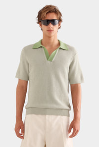 Relaxed Cotton Knit Open Neck Polo - Sage/Light Jade
