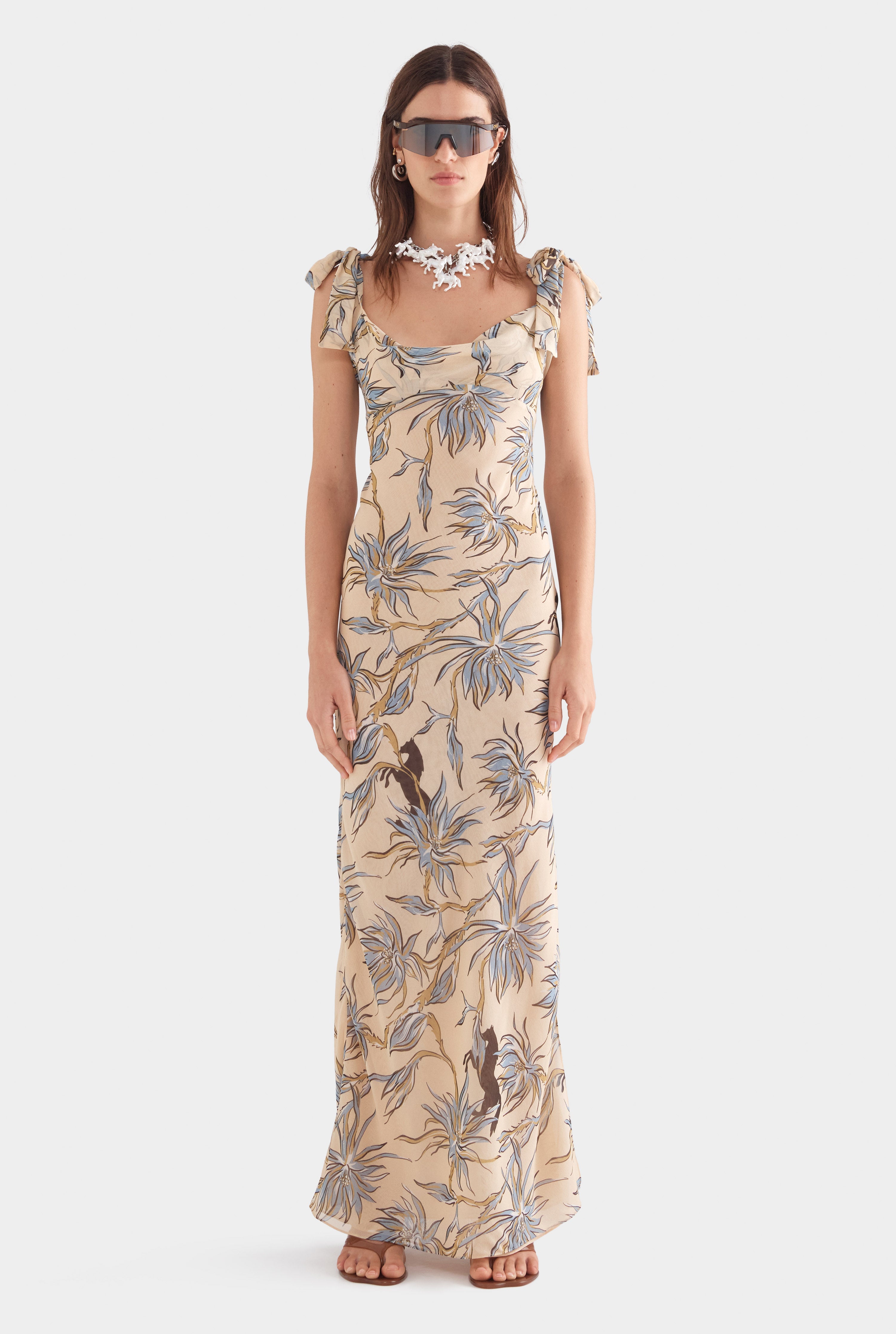Womens Tie Shoulder Silk Maxi Dress in Print | Venroy VENROY US Womens Tie Shoulder Silk Maxi Dress in Print | Venroy VENROY US