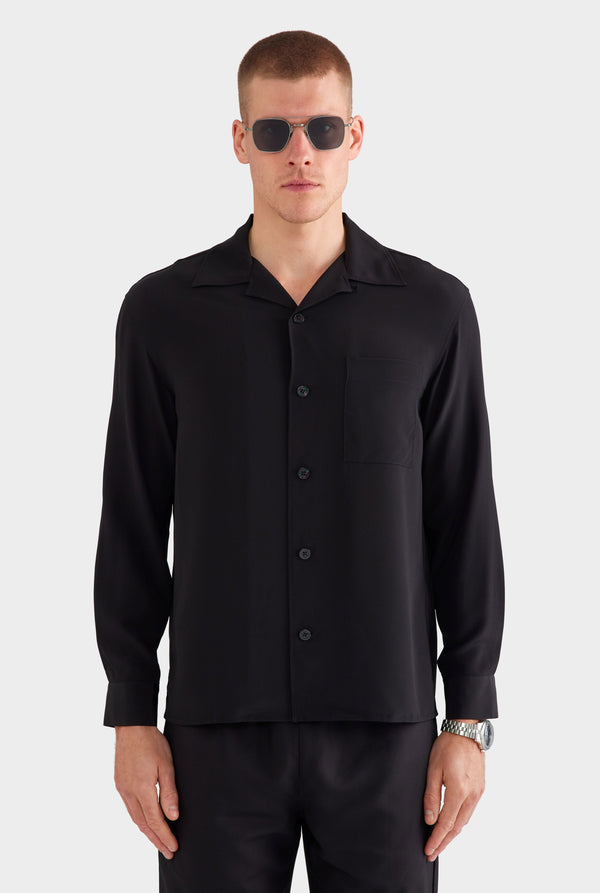 Long Sleeve Silk Camp Collar Shirt - Black