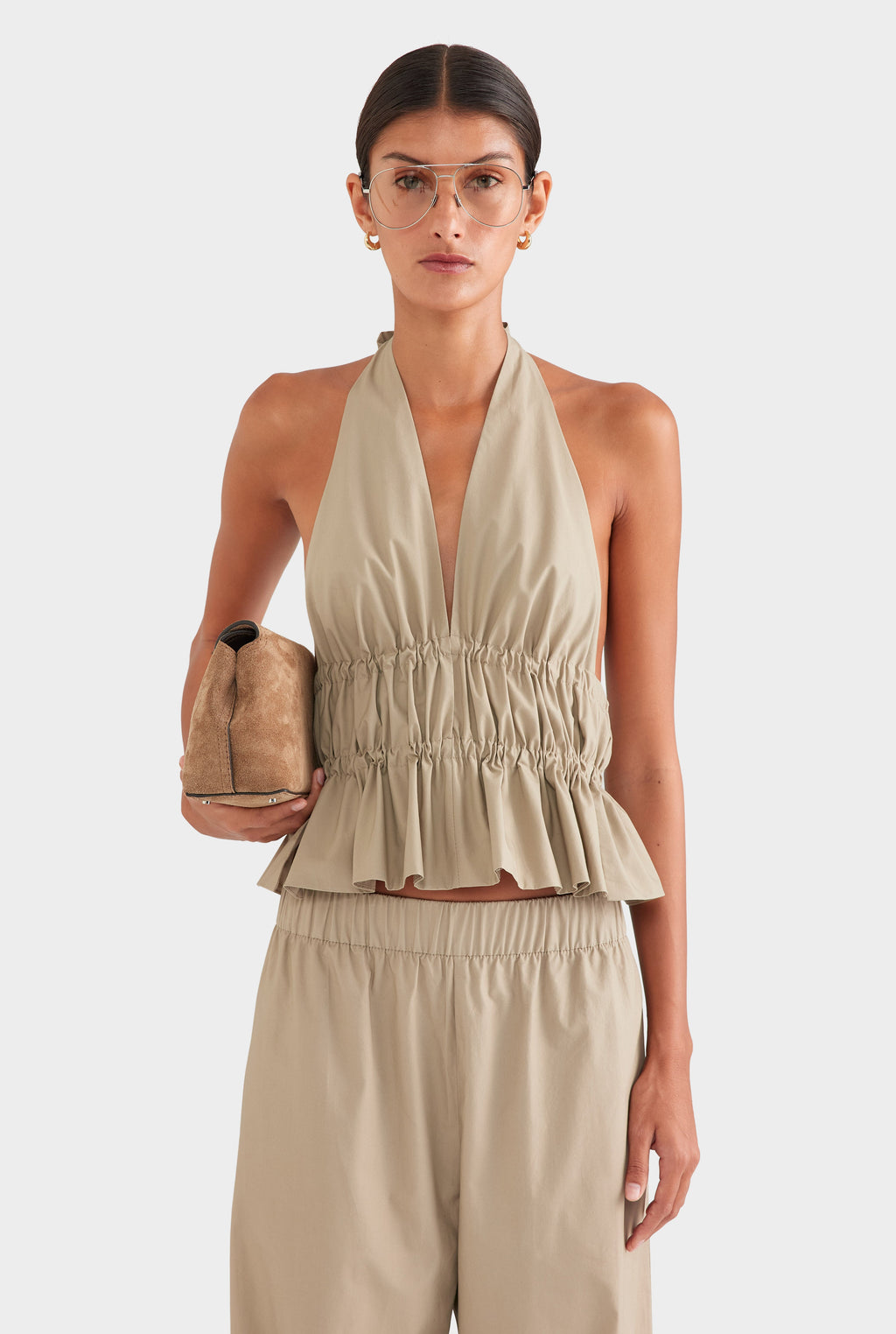 Cotton Poplin Halter Top - Pebble