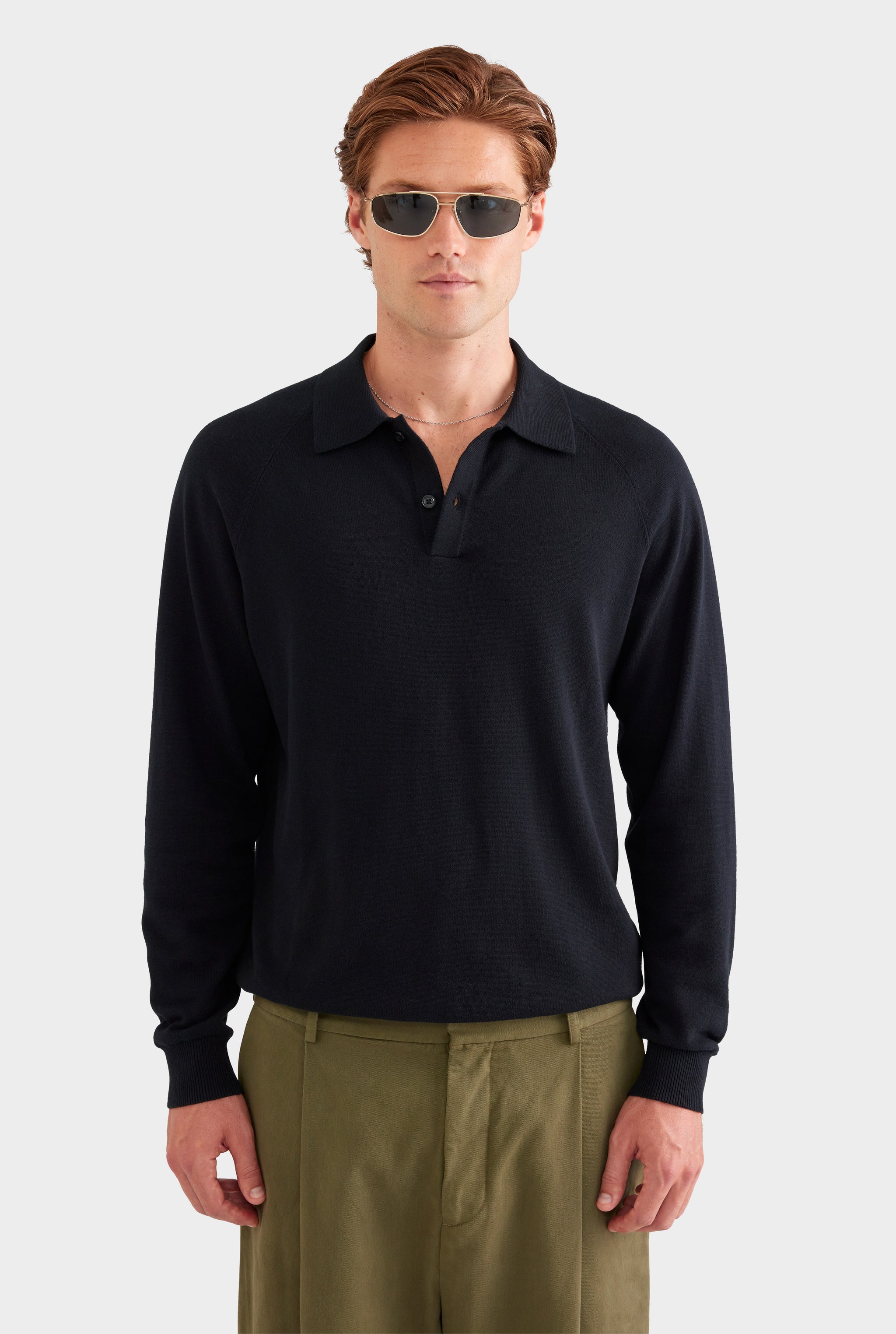Long Sleeve Cotton Raglan Knit Polo - Black