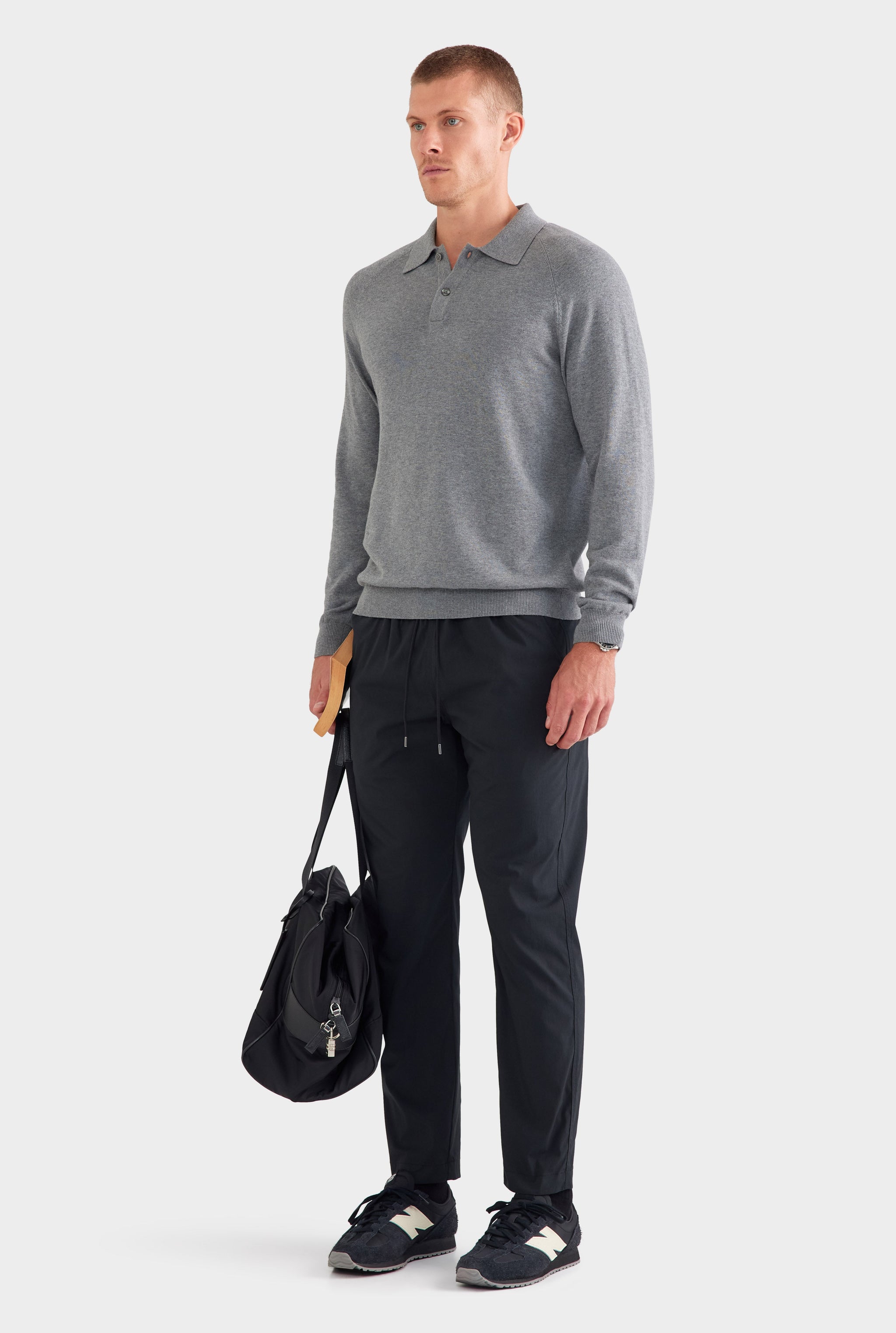 Long Sleeve Cotton Raglan Knit Polo - Dark Grey Marl