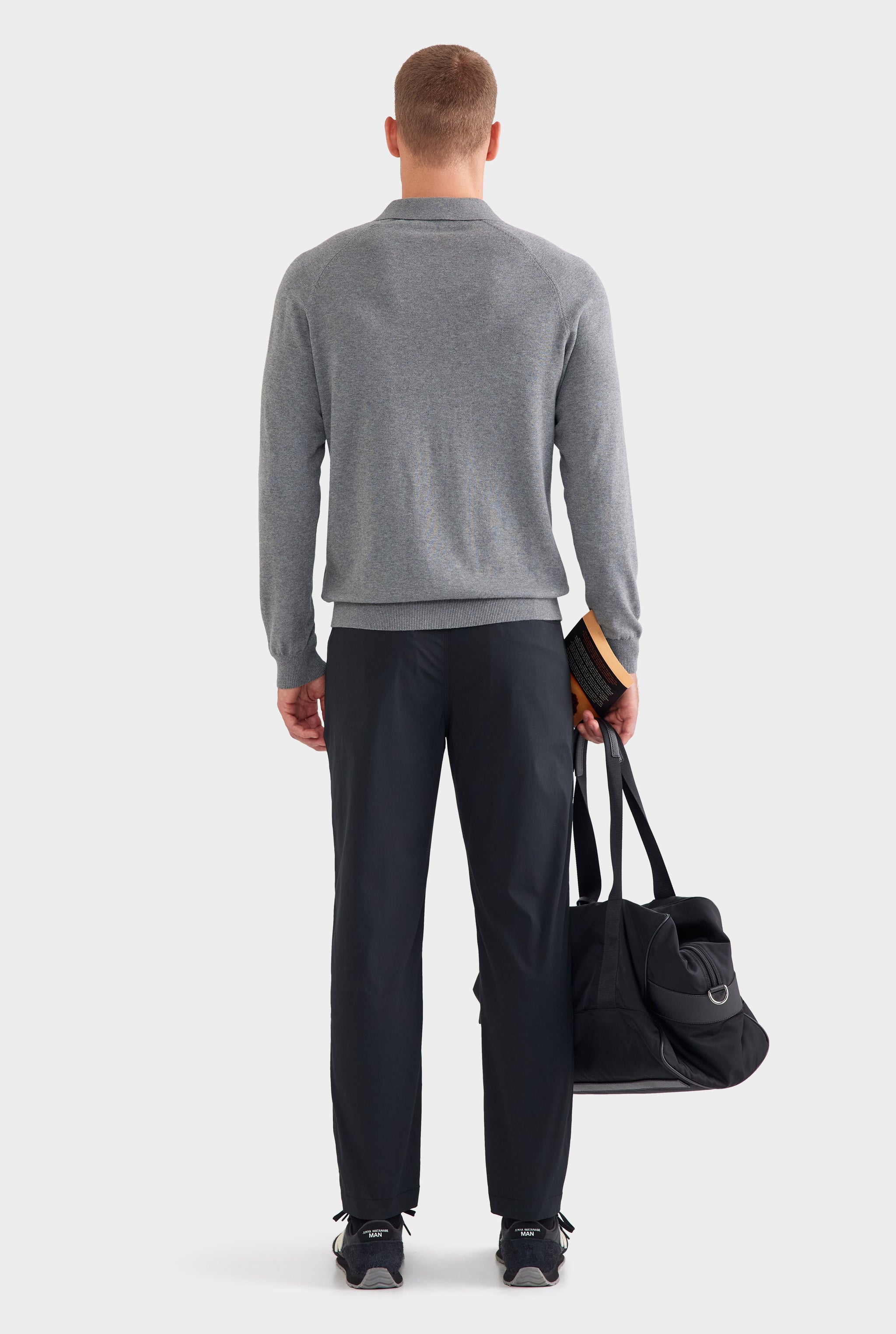 Long Sleeve Cotton Raglan Knit Polo - Dark Grey Marl