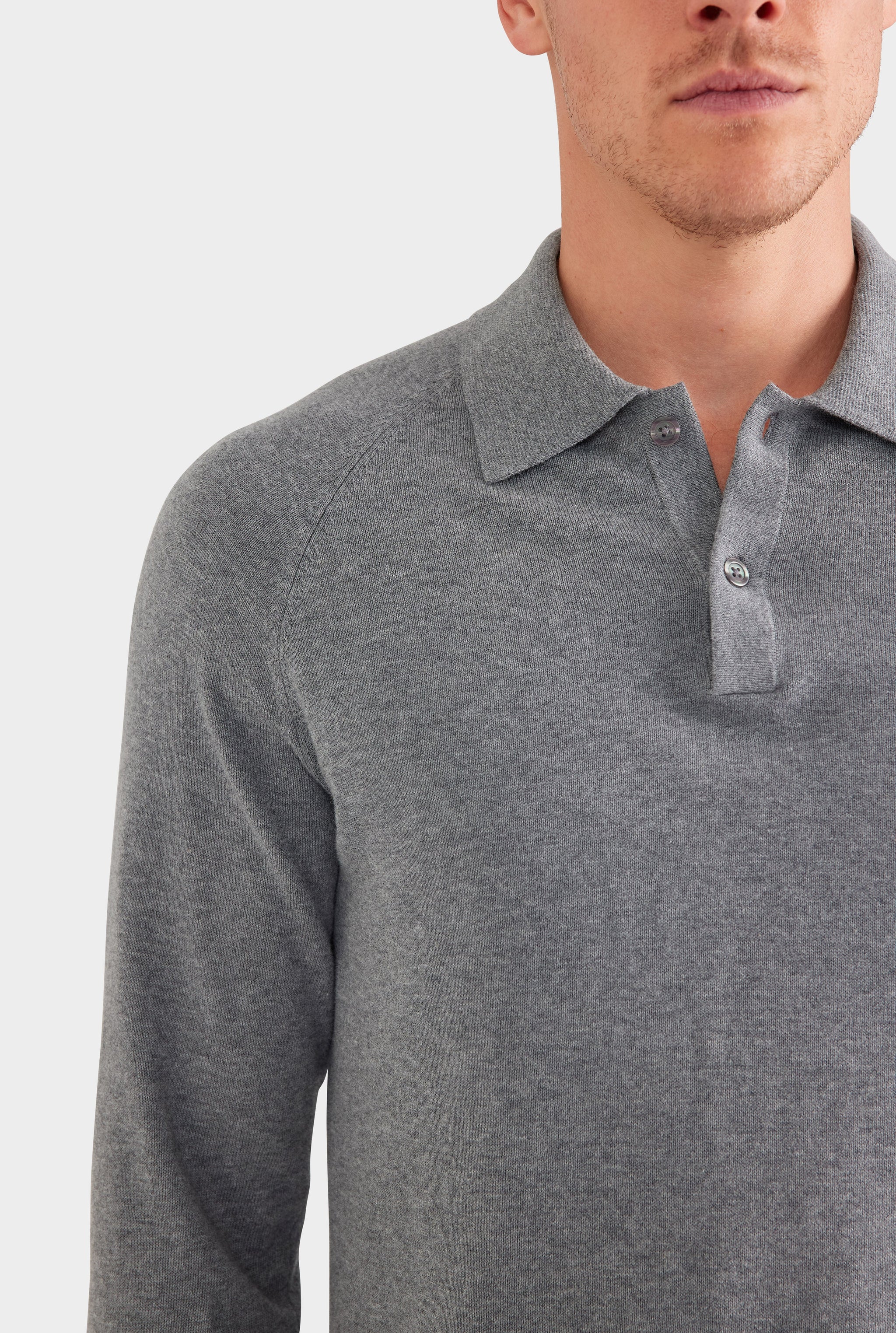 Long Sleeve Cotton Raglan Knit Polo - Dark Grey Marl