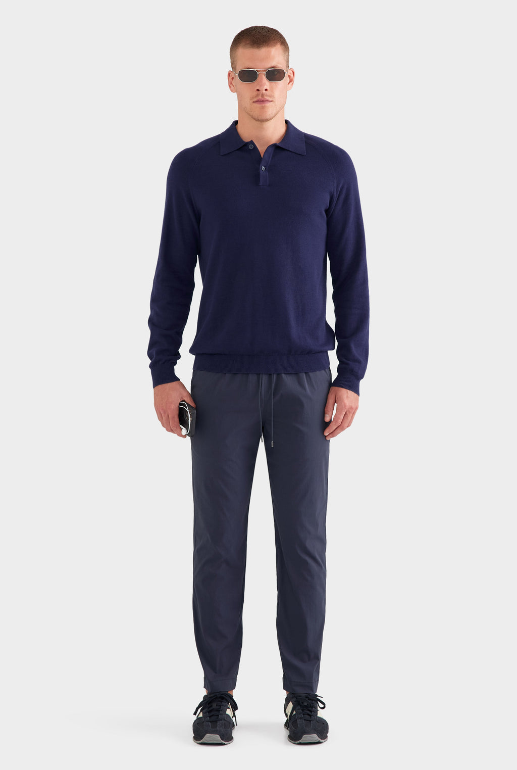 Long Sleeve Cotton Raglan Knit Polo - Navy