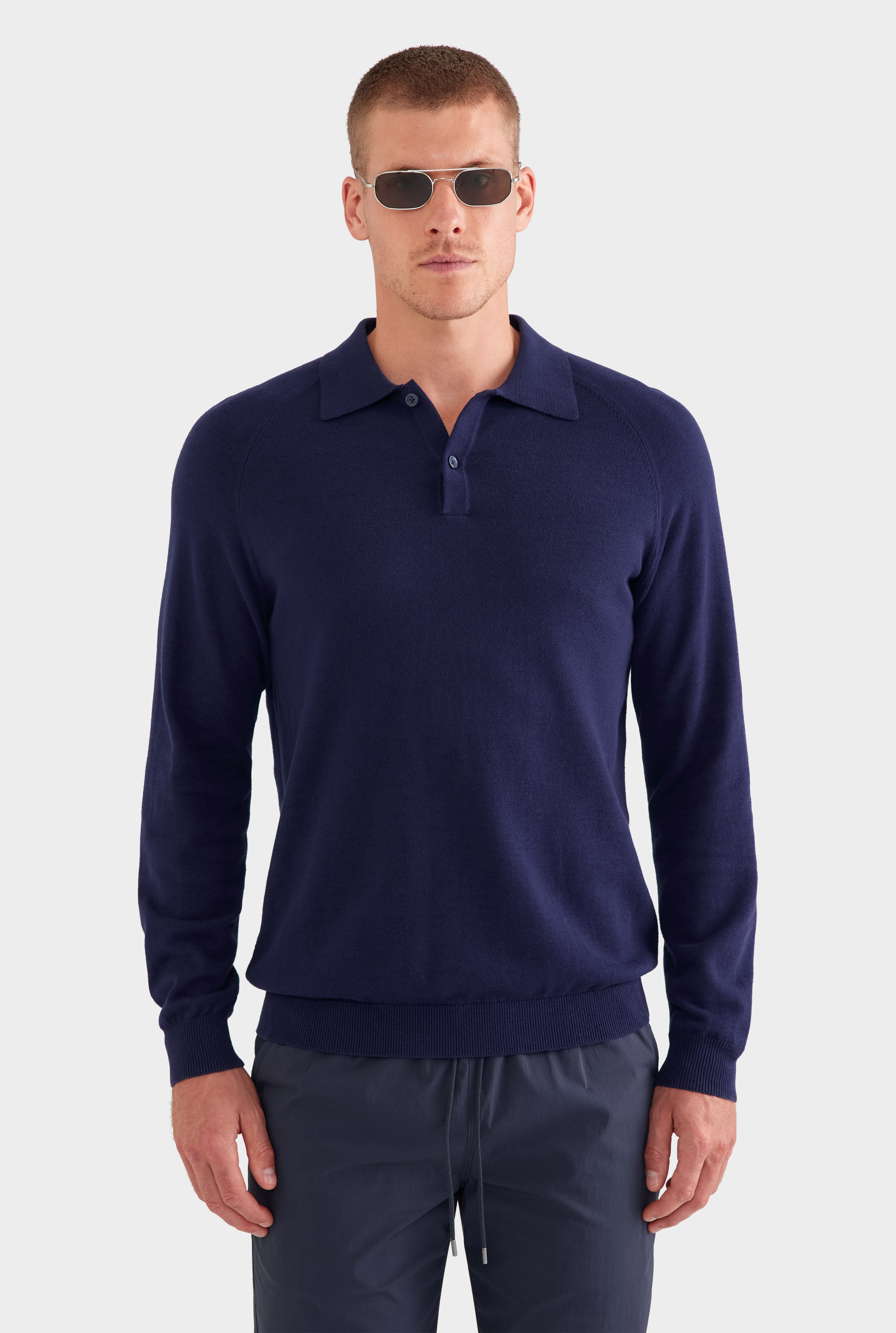 Long Sleeve Cotton Raglan Knit Polo - Navy