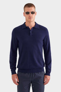 Long Sleeve Cotton Raglan Knit Polo - Navy