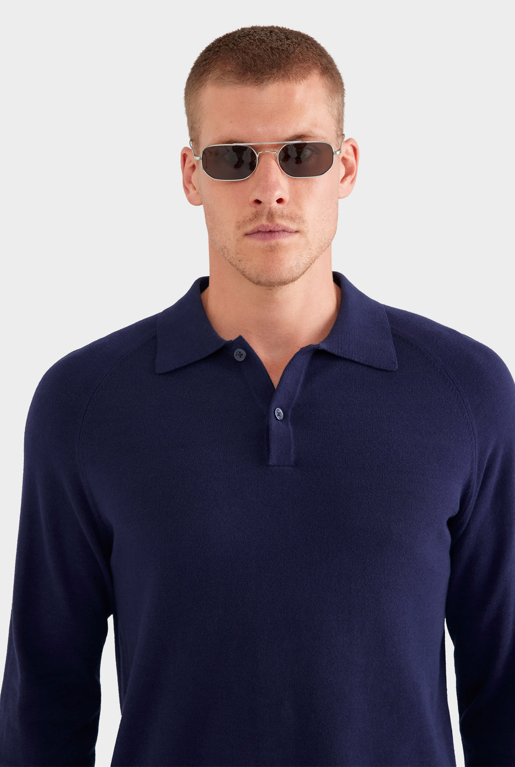 Long Sleeve Cotton Raglan Knit Polo - Navy