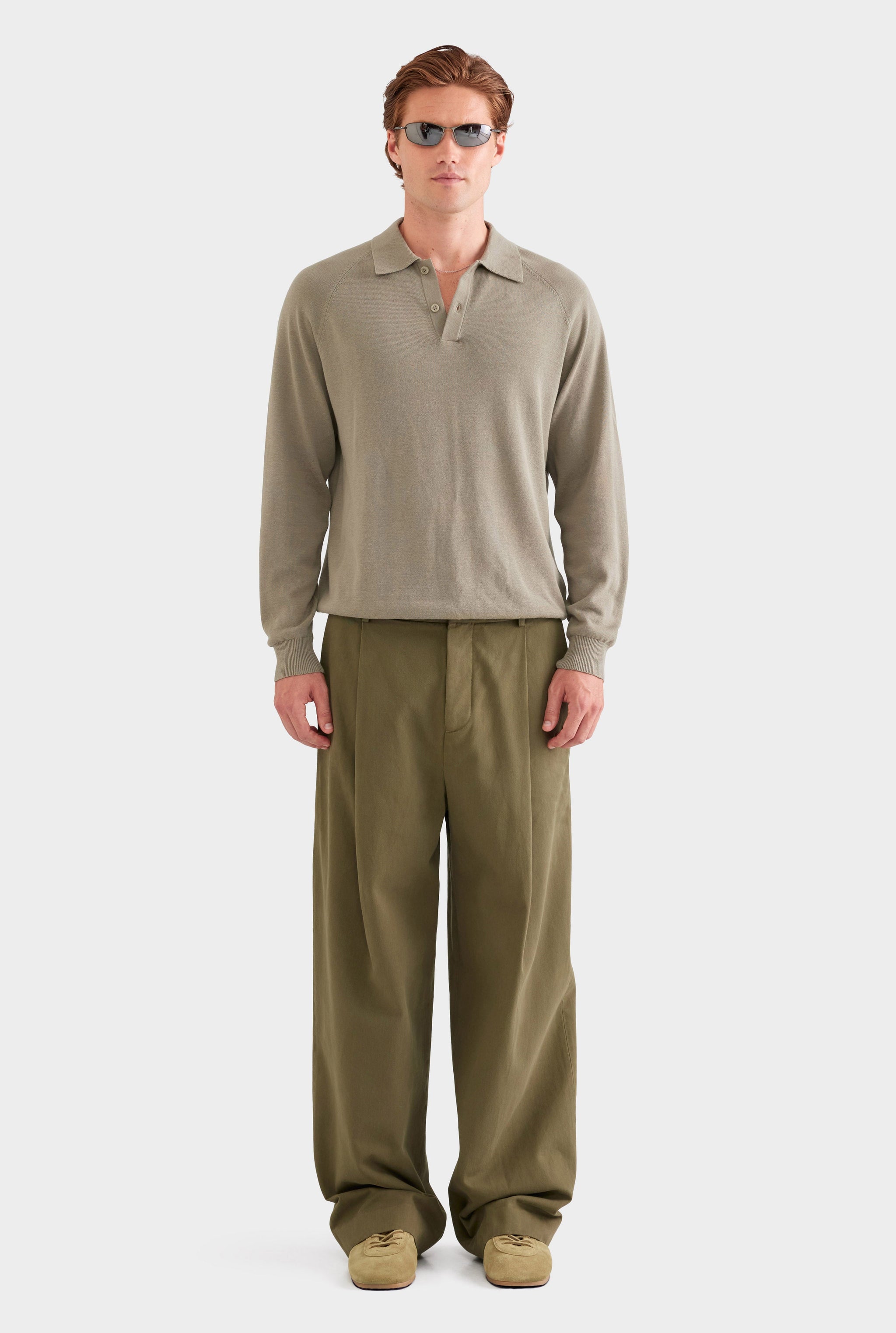 Long Sleeve Cotton Raglan Knit Polo - Smokey Olive