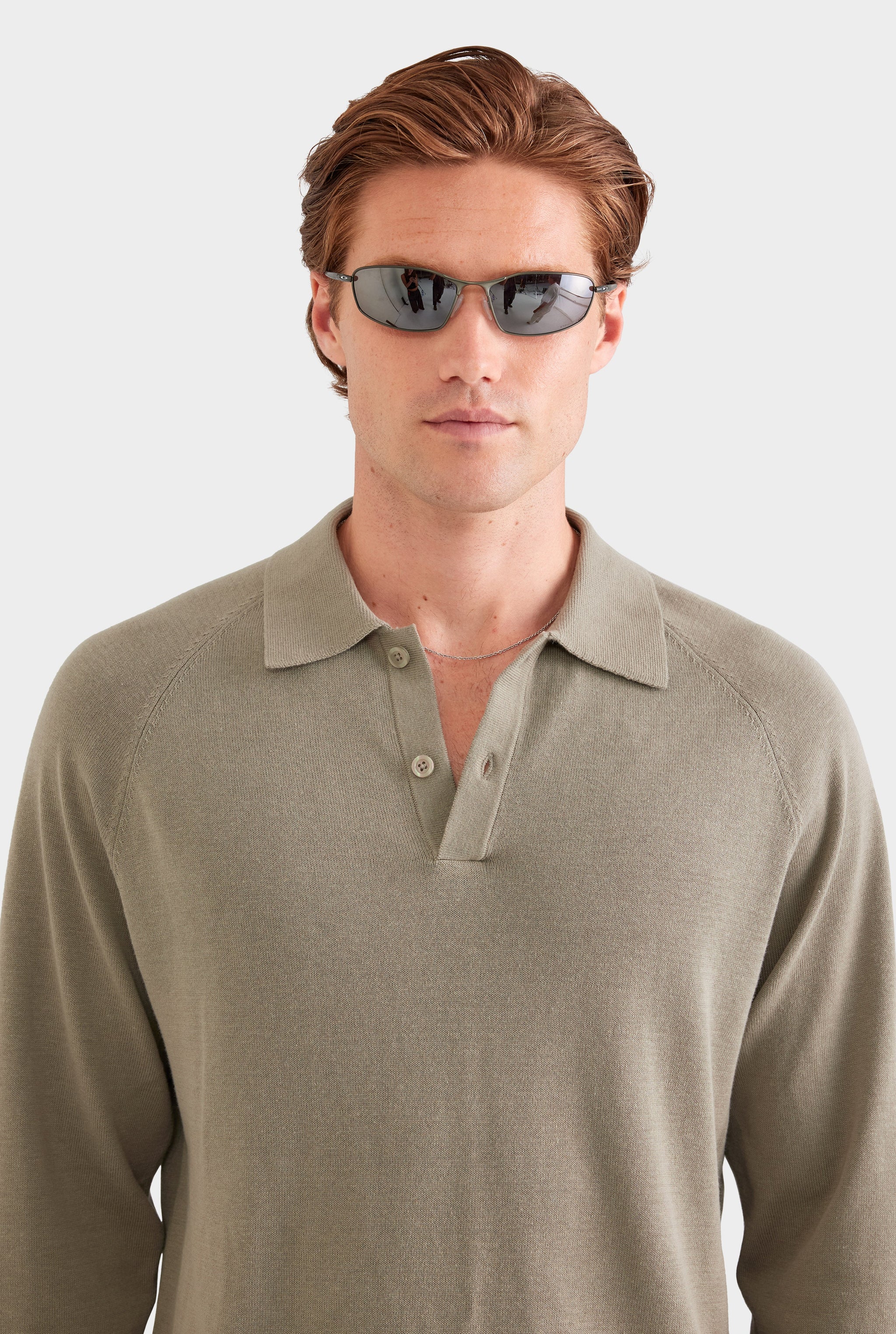 Long Sleeve Cotton Raglan Knit Polo - Smokey Olive