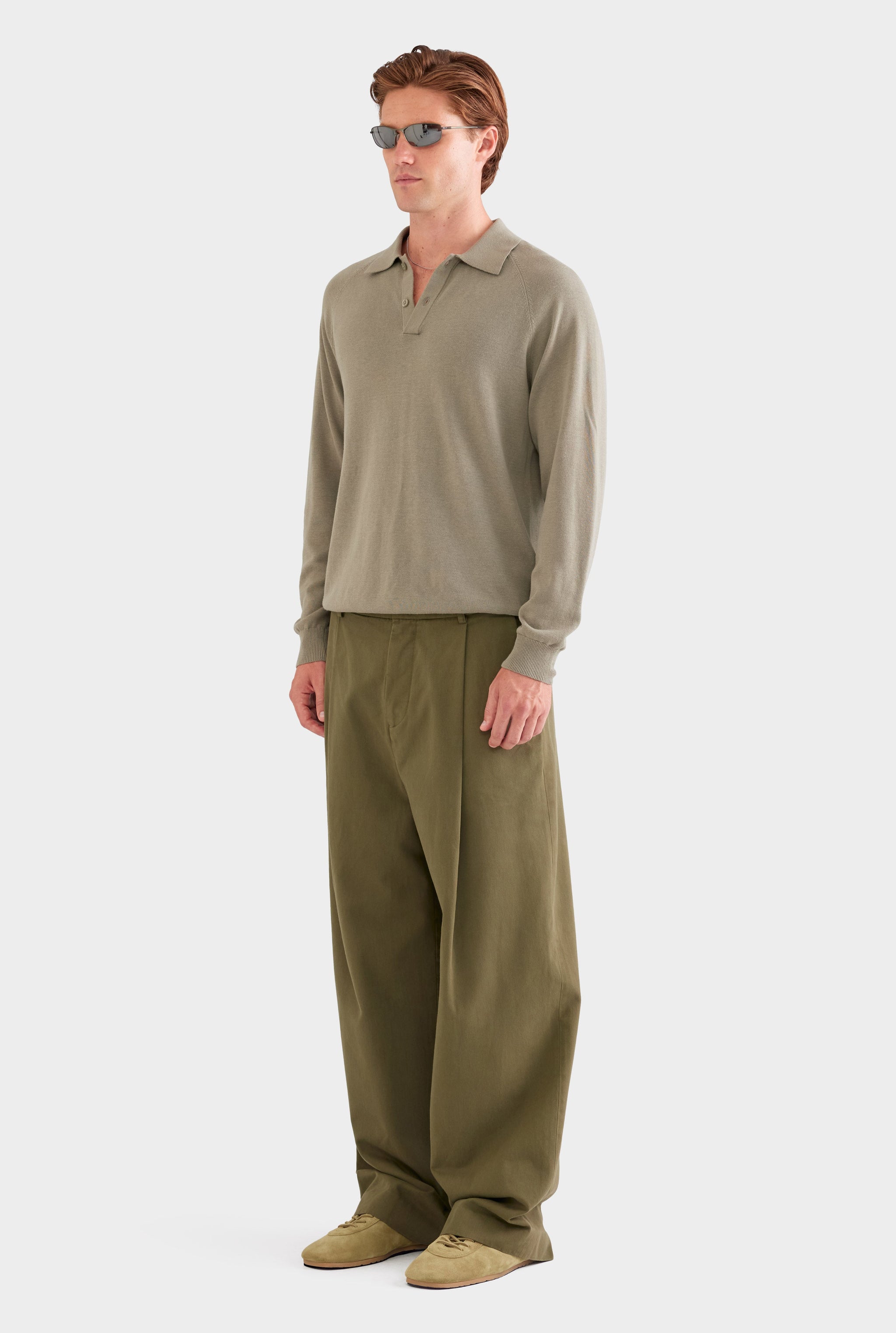 Long Sleeve Cotton Raglan Knit Polo - Smokey Olive