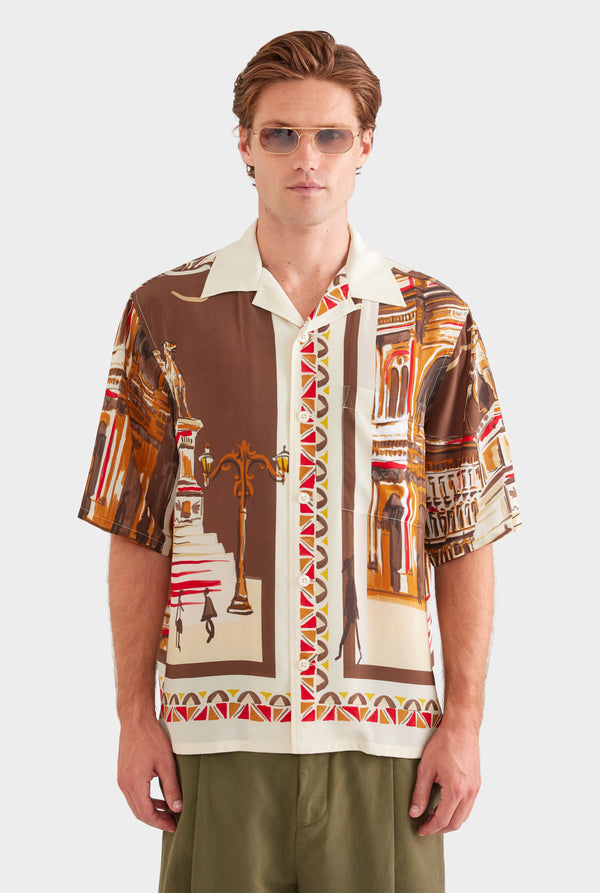 Oversized Silk Short Sleeve Shirt - Milano Galleria/Brown