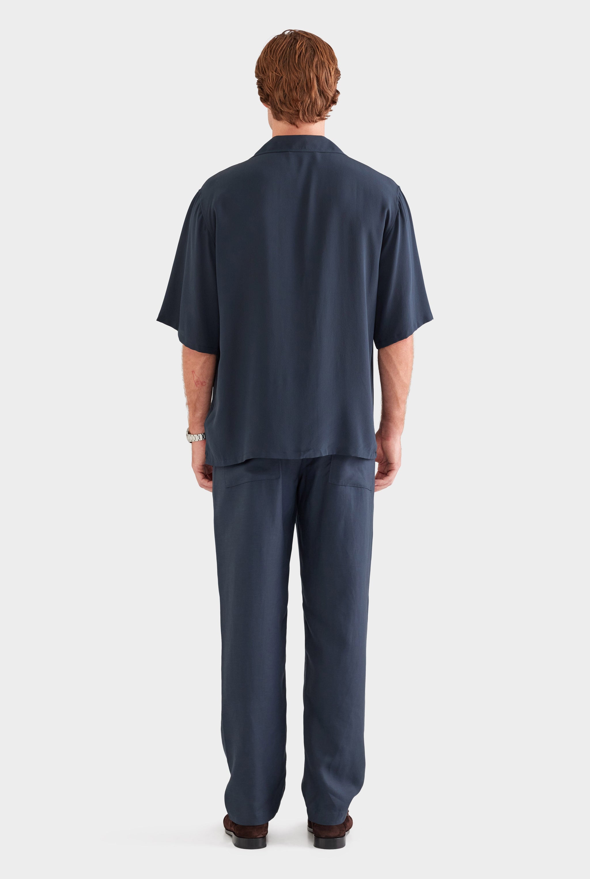 Oversized Relaxed Silk Short Sleeve Shirt - Navy