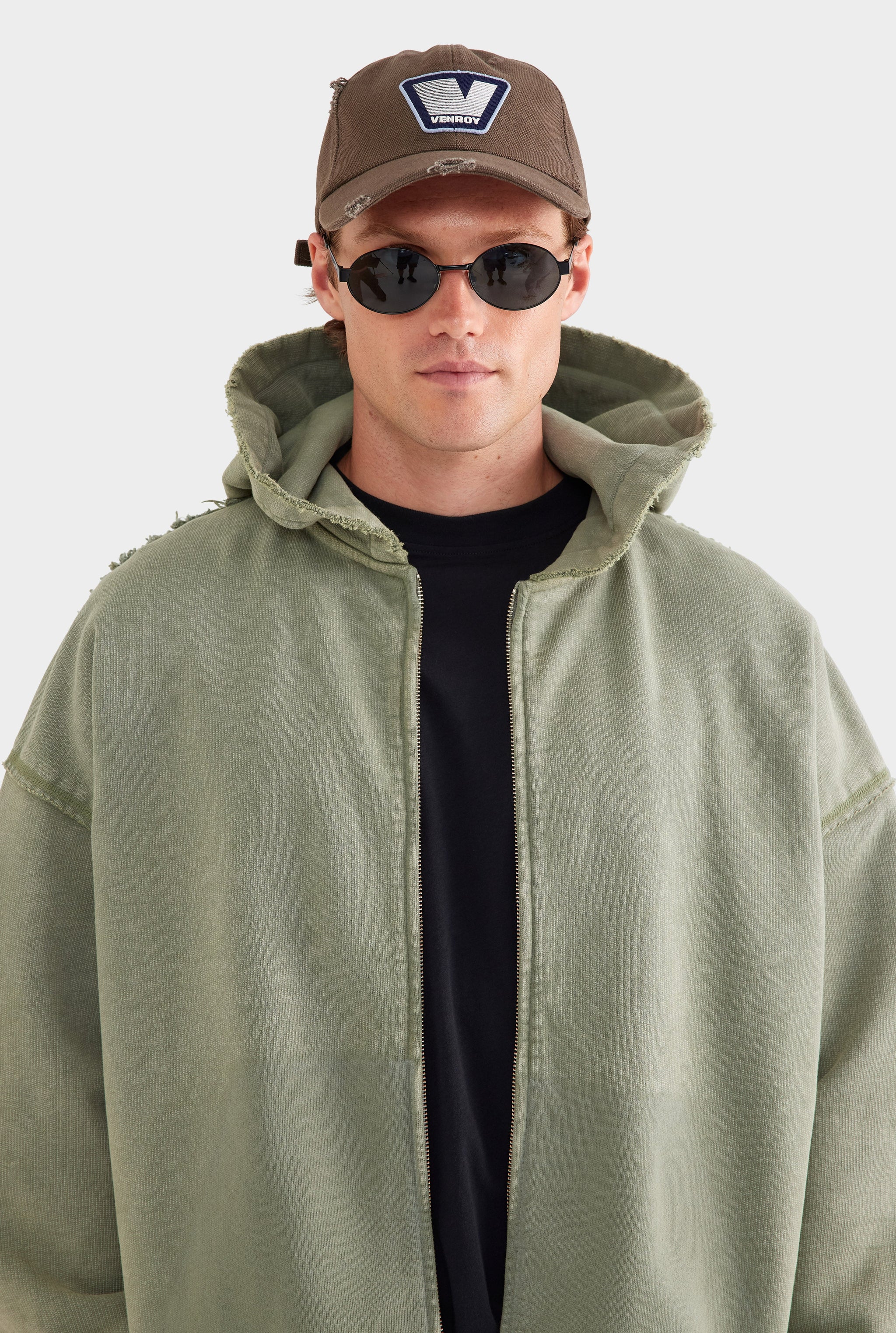 Distressed Heavyweight Track Hoodie - Washed Olive