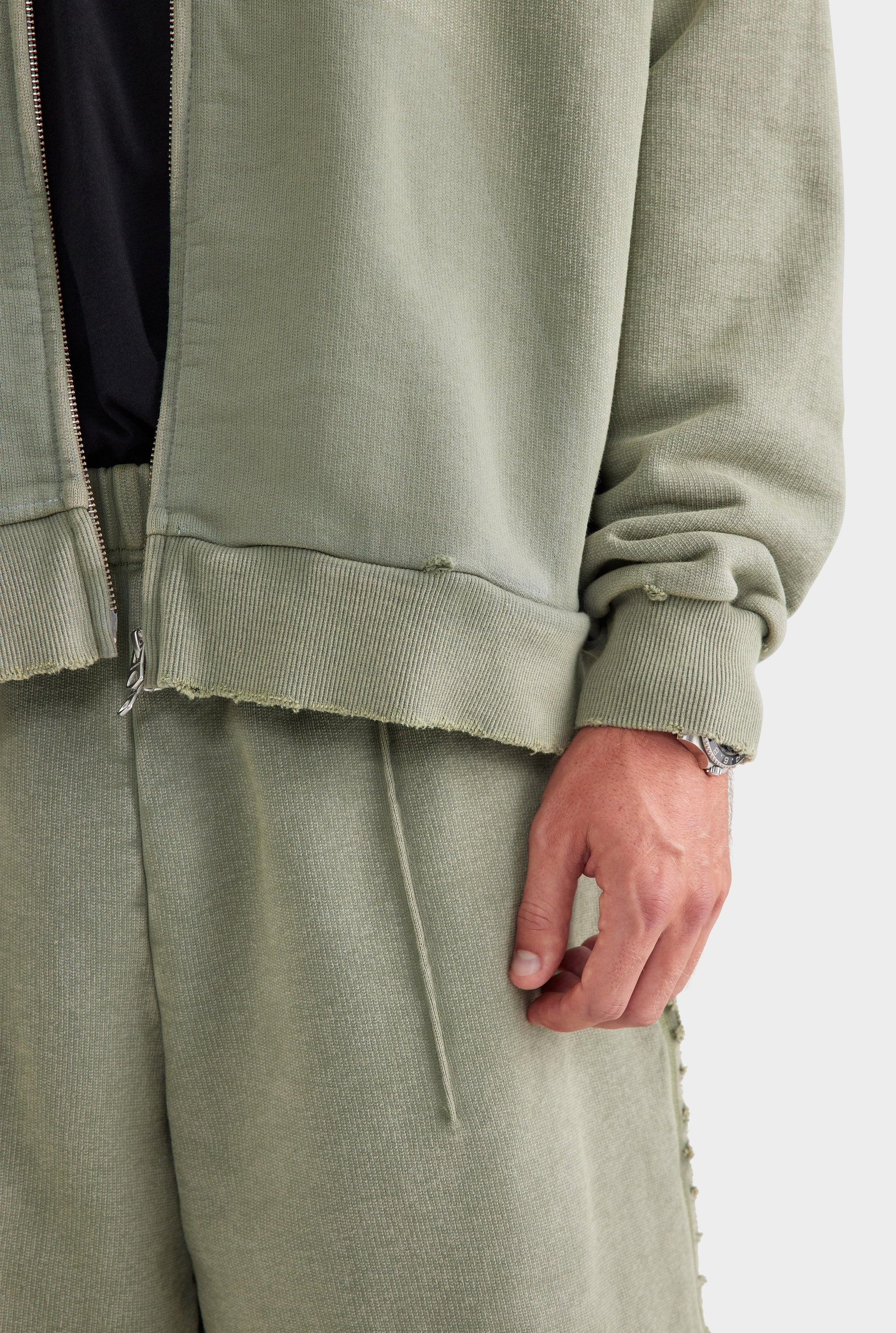 Distressed Heavyweight Track Hoodie - Washed Olive