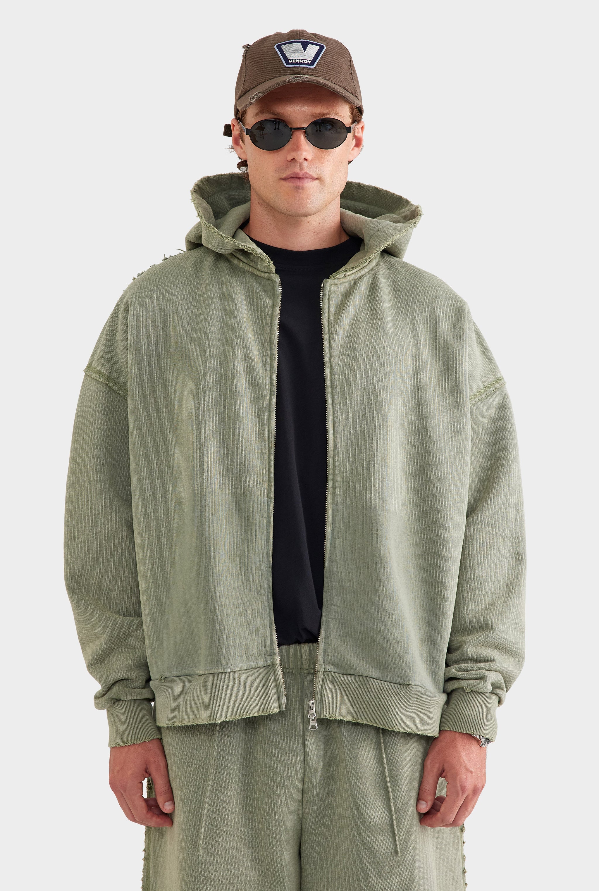 Distressed Heavyweight Track Hoodie - Washed Olive
