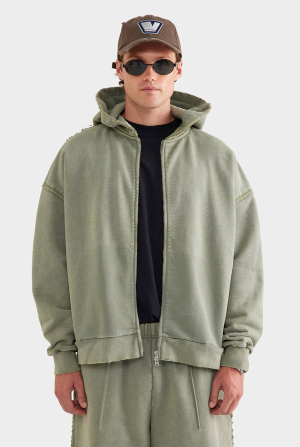 Distressed Heavyweight Track Hoodie - Washed Olive