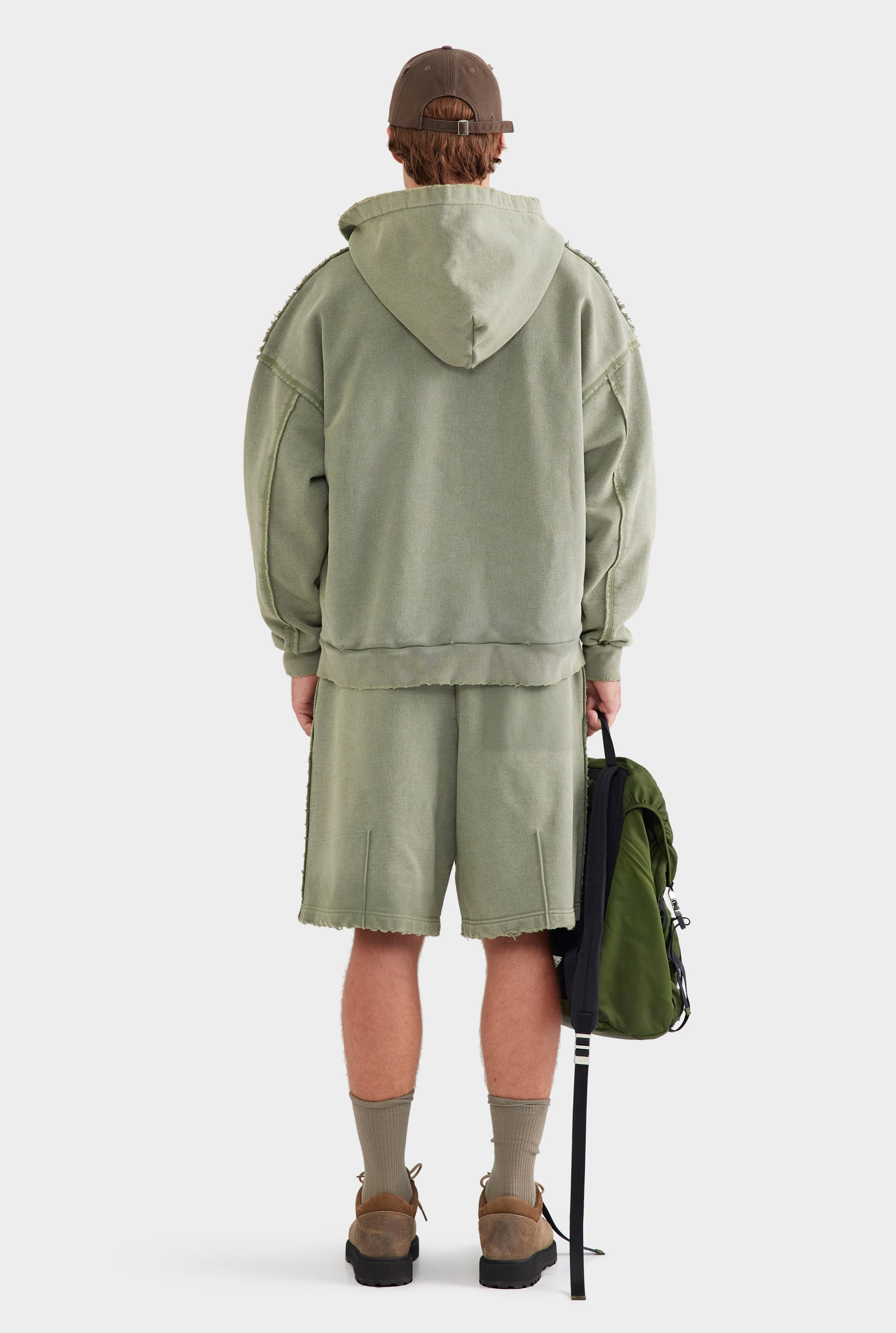 Distressed Heavyweight Track Hoodie - Washed Olive