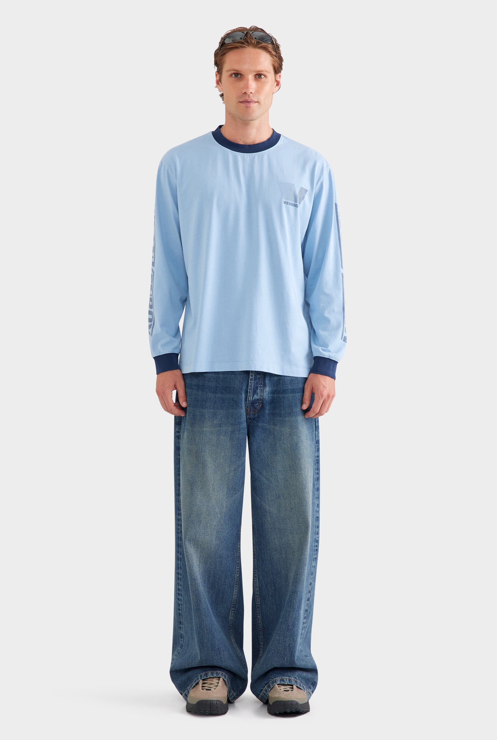 Contrast Long Sleeve T Shirt - Powder Blue/Navy