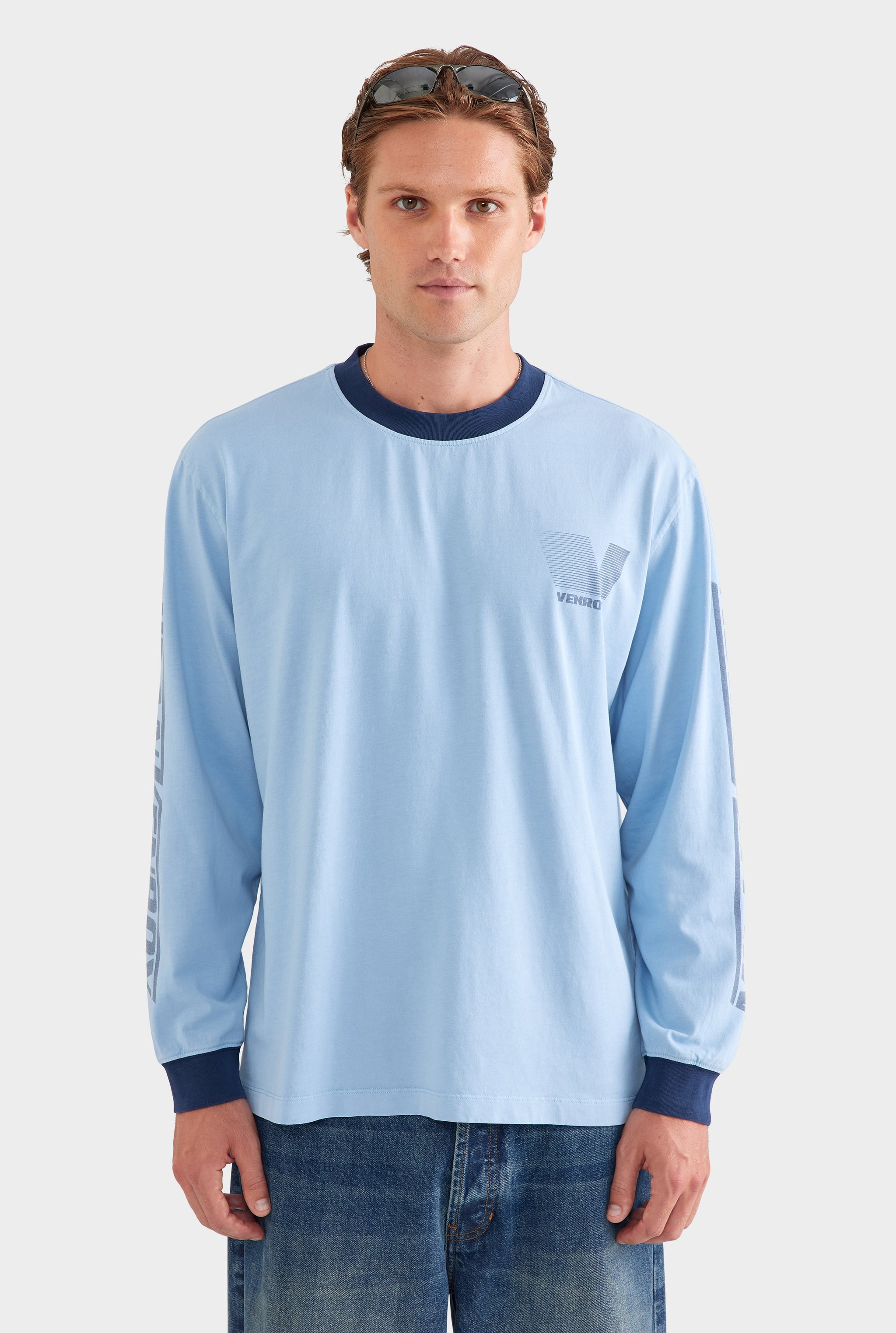 Contrast Long Sleeve T Shirt - Powder Blue/Navy