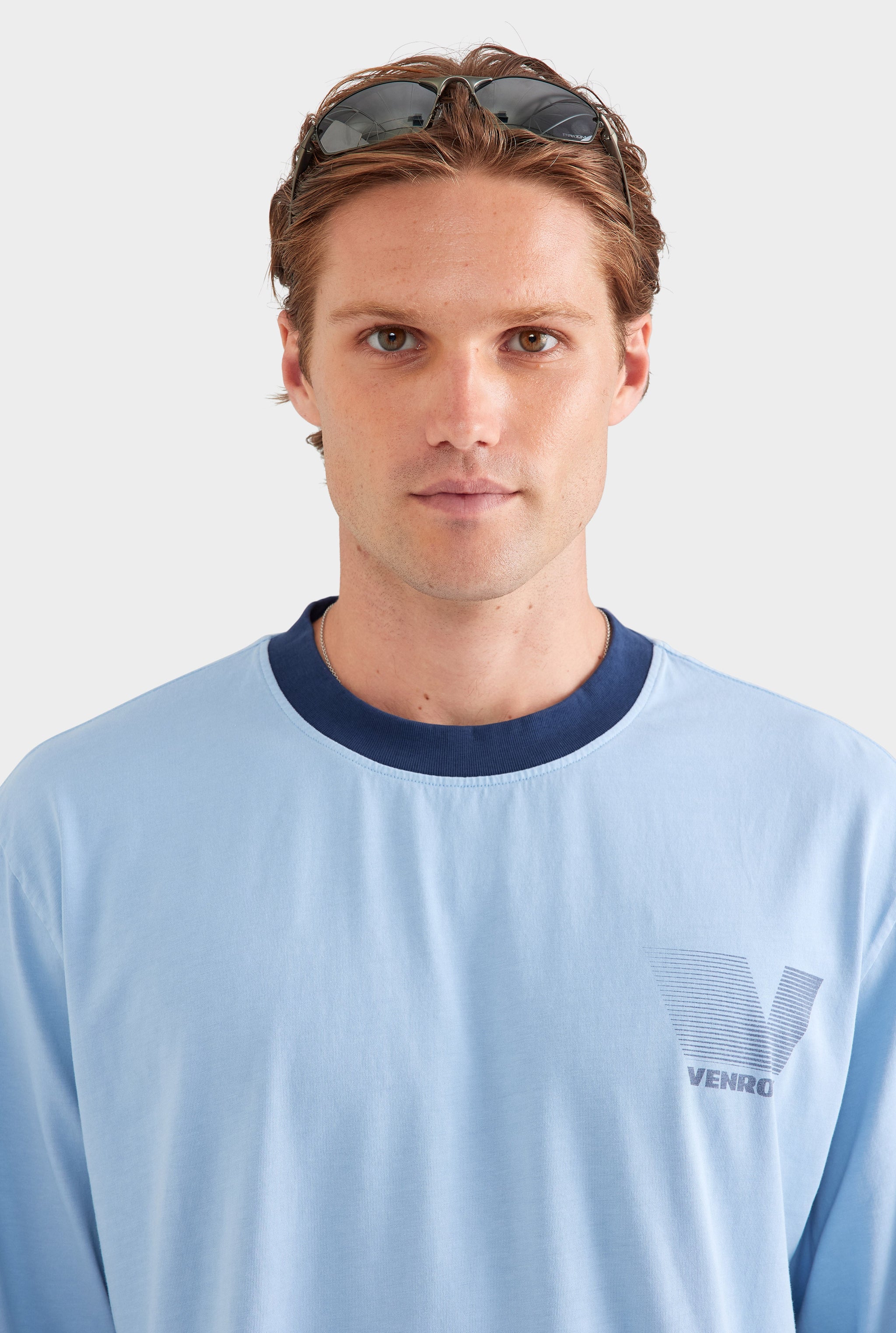 Contrast Long Sleeve T Shirt - Powder Blue/Navy
