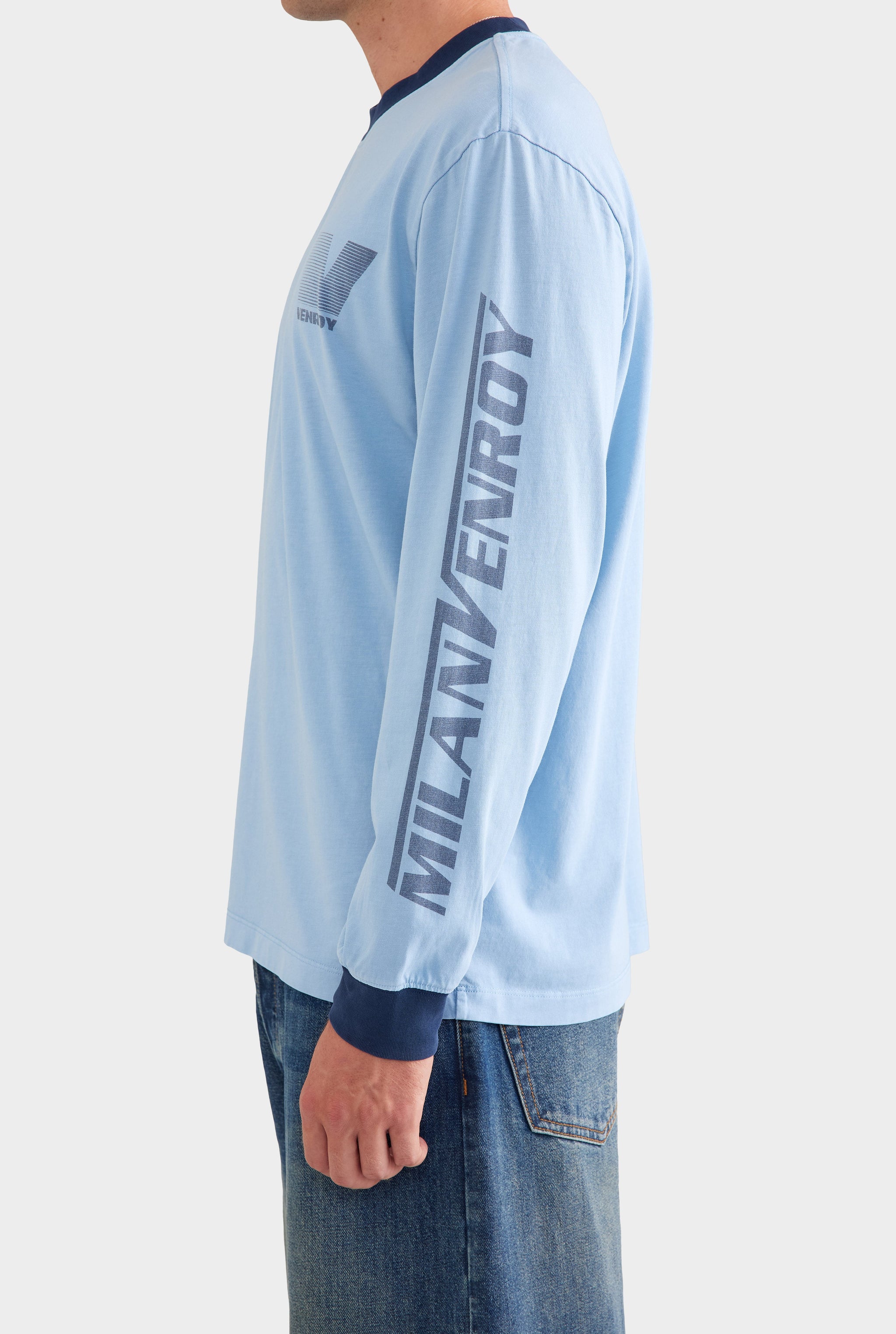 Contrast Long Sleeve T Shirt - Powder Blue/Navy