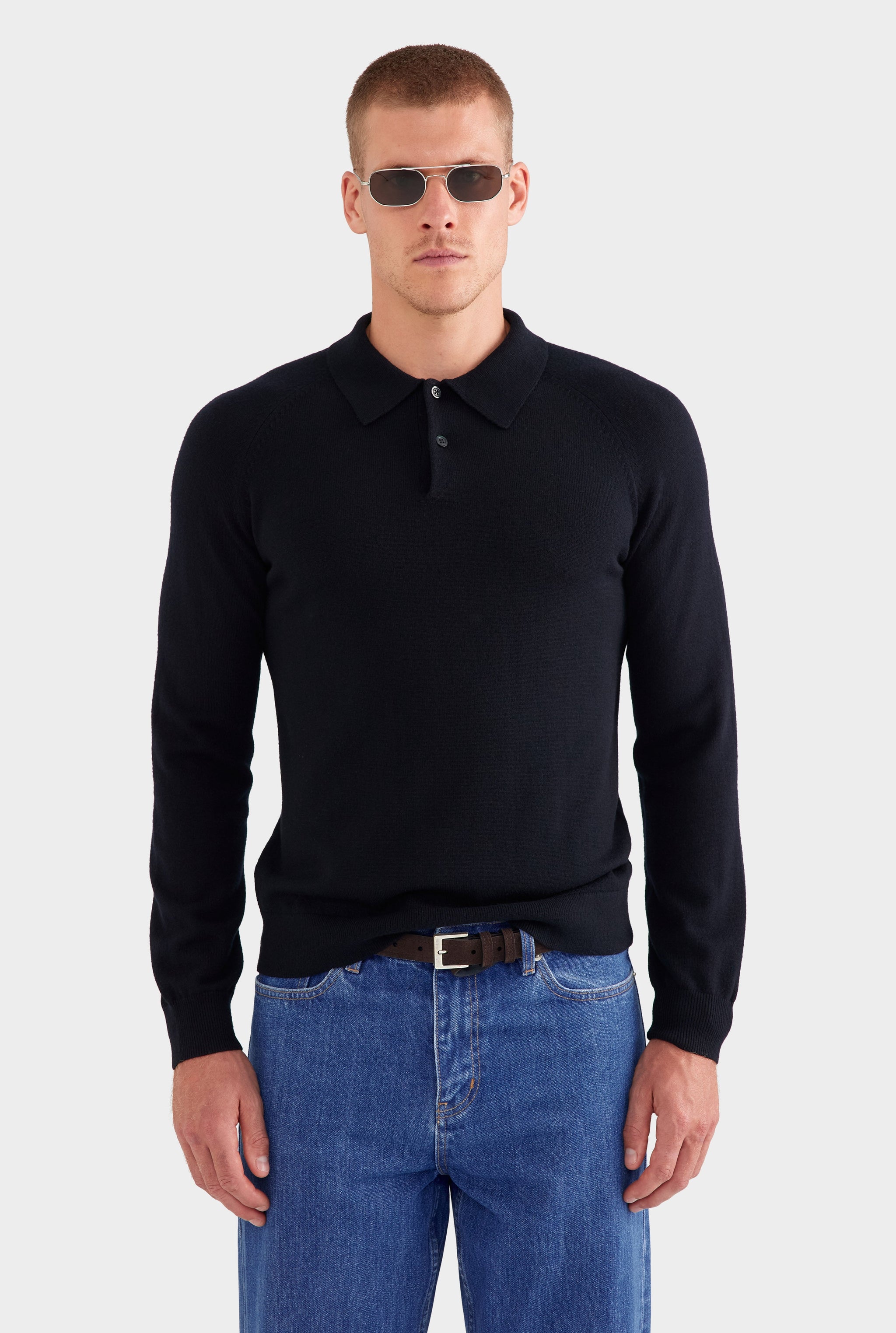 Merino Wool Knit Polo - Black