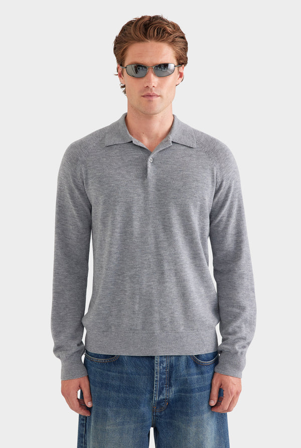 Merino Wool Knit Polo - Grey Marl