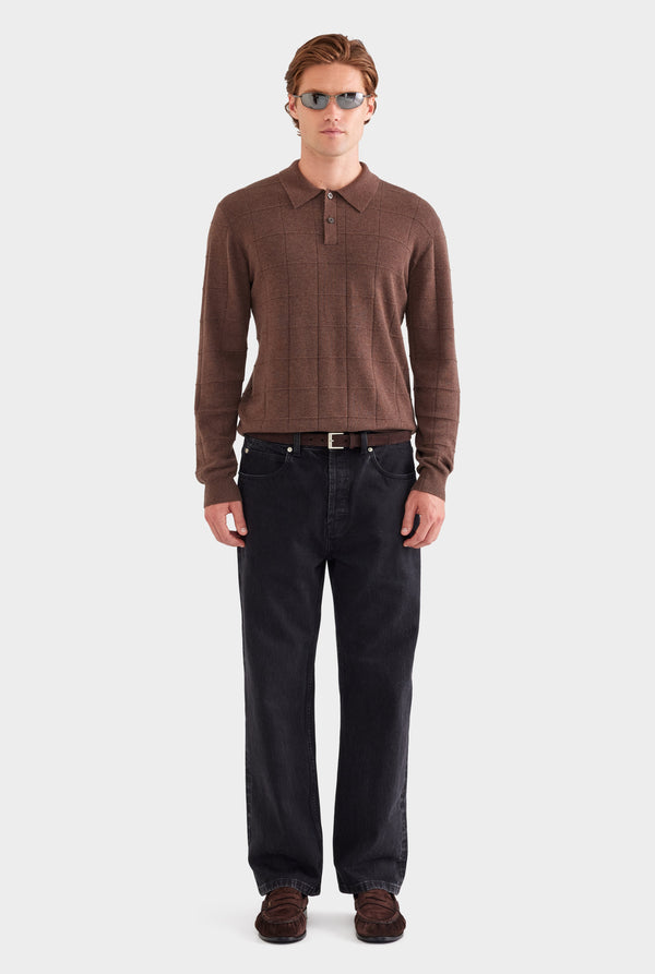 Merino Wool Check Knit Polo - Chocolate Marl