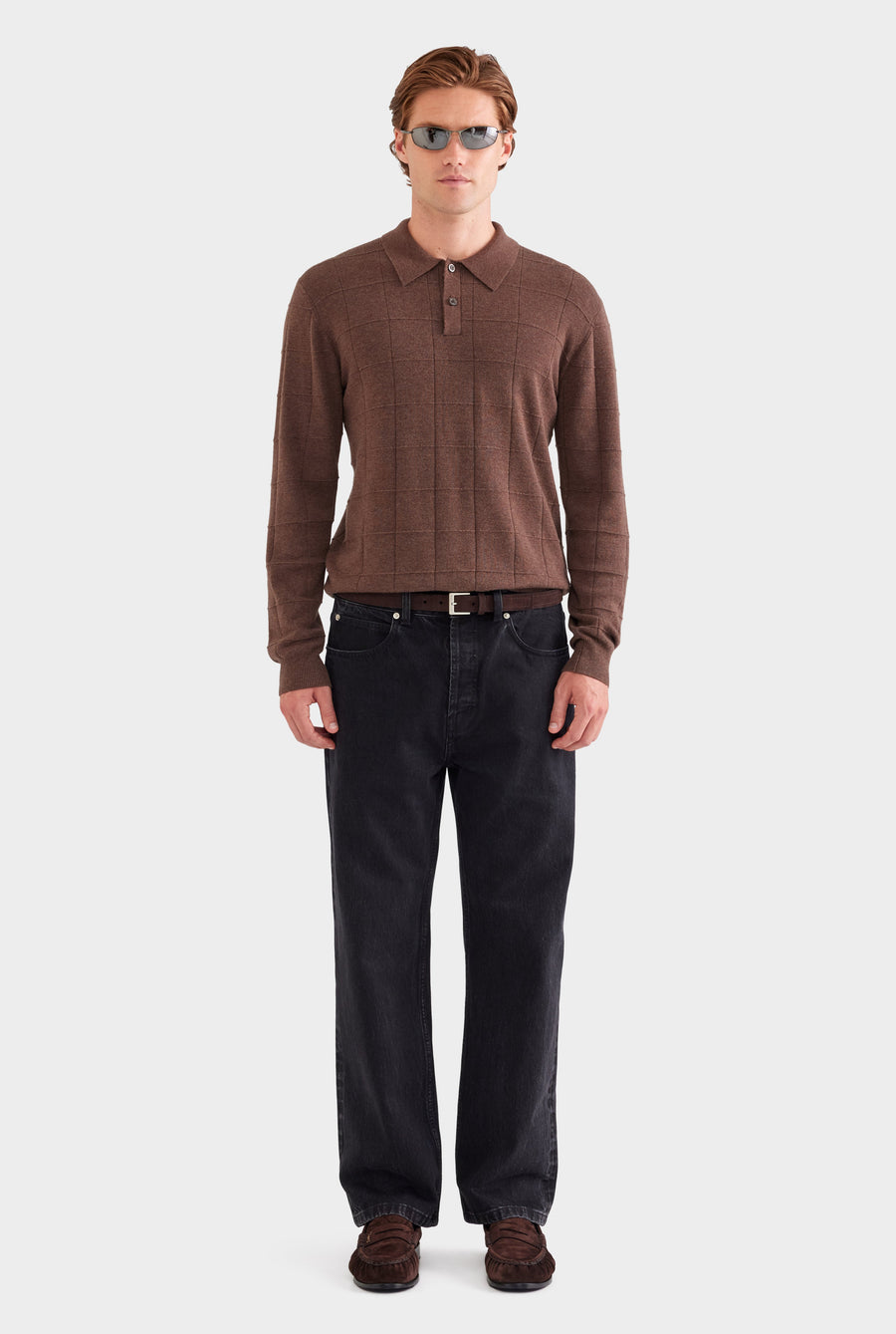 Merino Wool Check Knit Polo - Chocolate Marl