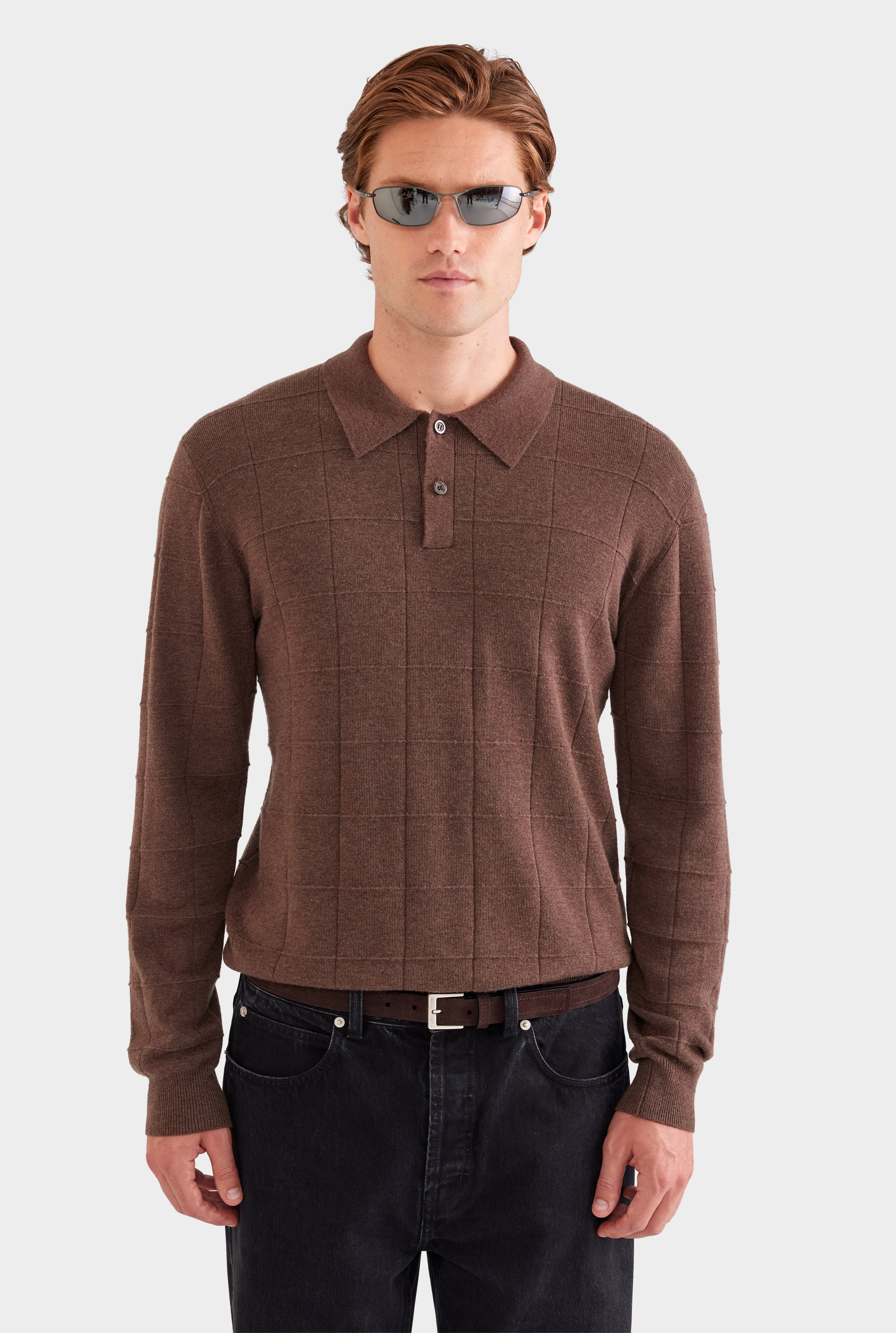 Venroy Pattern Mens Merino Wool Check Knit Polo Chocolate Marl | Venroy – VENROY US