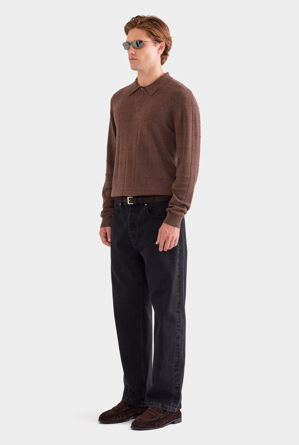 Merino Wool Check Knit Polo - Chocolate Marl